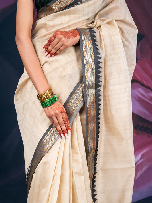 Beige and Black Chanderi Cotton Saree