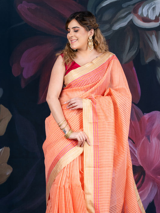 Peach Chanderi Cotton Saree with Check Design and Tissue Border