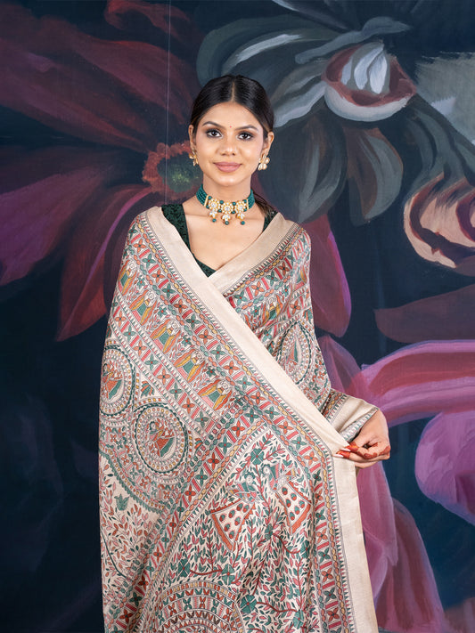 Green and Beige Matka Silk Madhubani Saree