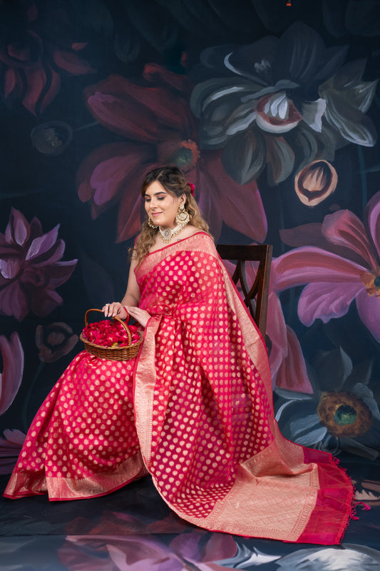 Red Chanderi Silk Saree with Banarasi Zari Booti and Rich Palloo