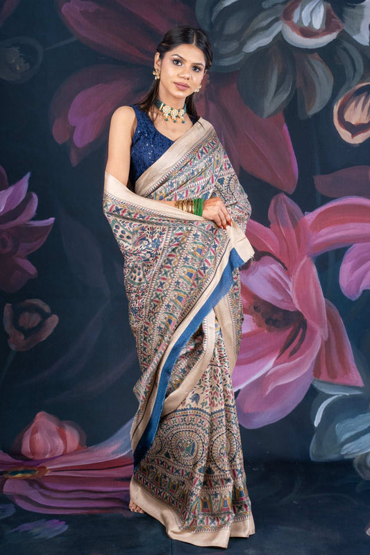 Beige Matka Silk Saree with Madhubani Print