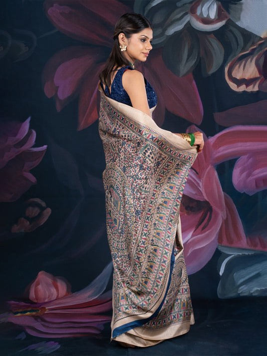 Beige & Blue Matka Silk Saree