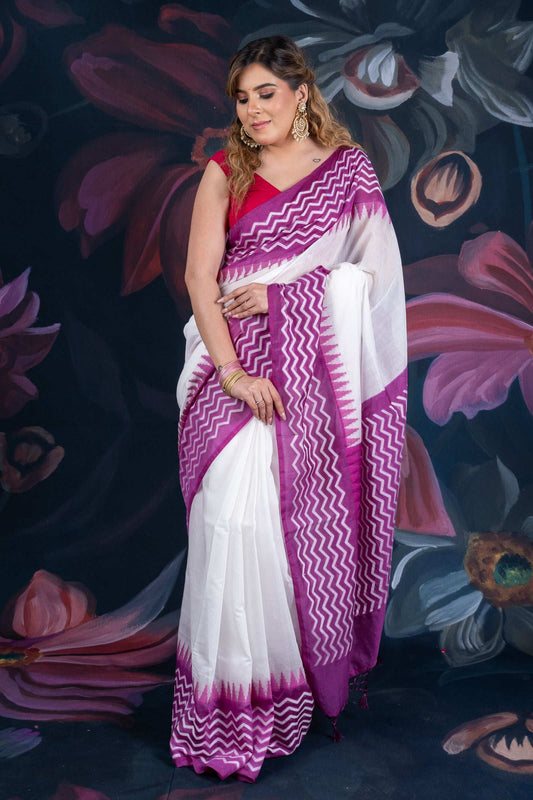 White and Purple Chanderi Cotton Saree with Contrast Pallu and Temple Border