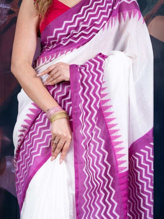 White and Purple Chanderi Cotton Saree