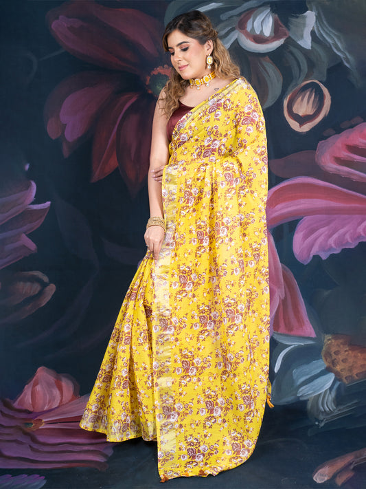 Mustard Yellow Linen Cotton Tissue Saree