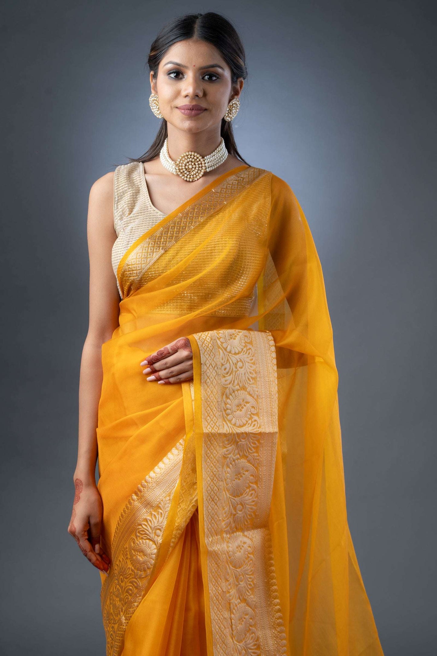 Banarasi Elegance Mustard Yellow Organza Saree