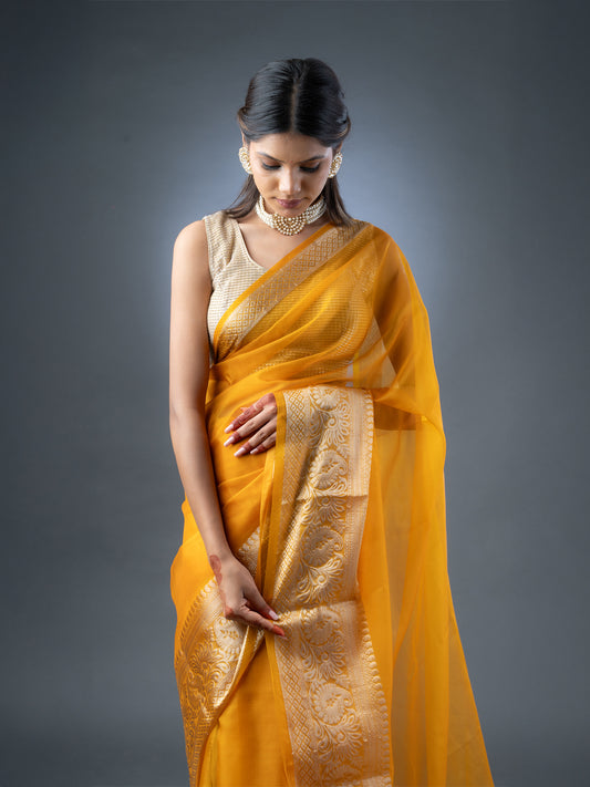 Mustard Yellow Banarasi Organza Saree