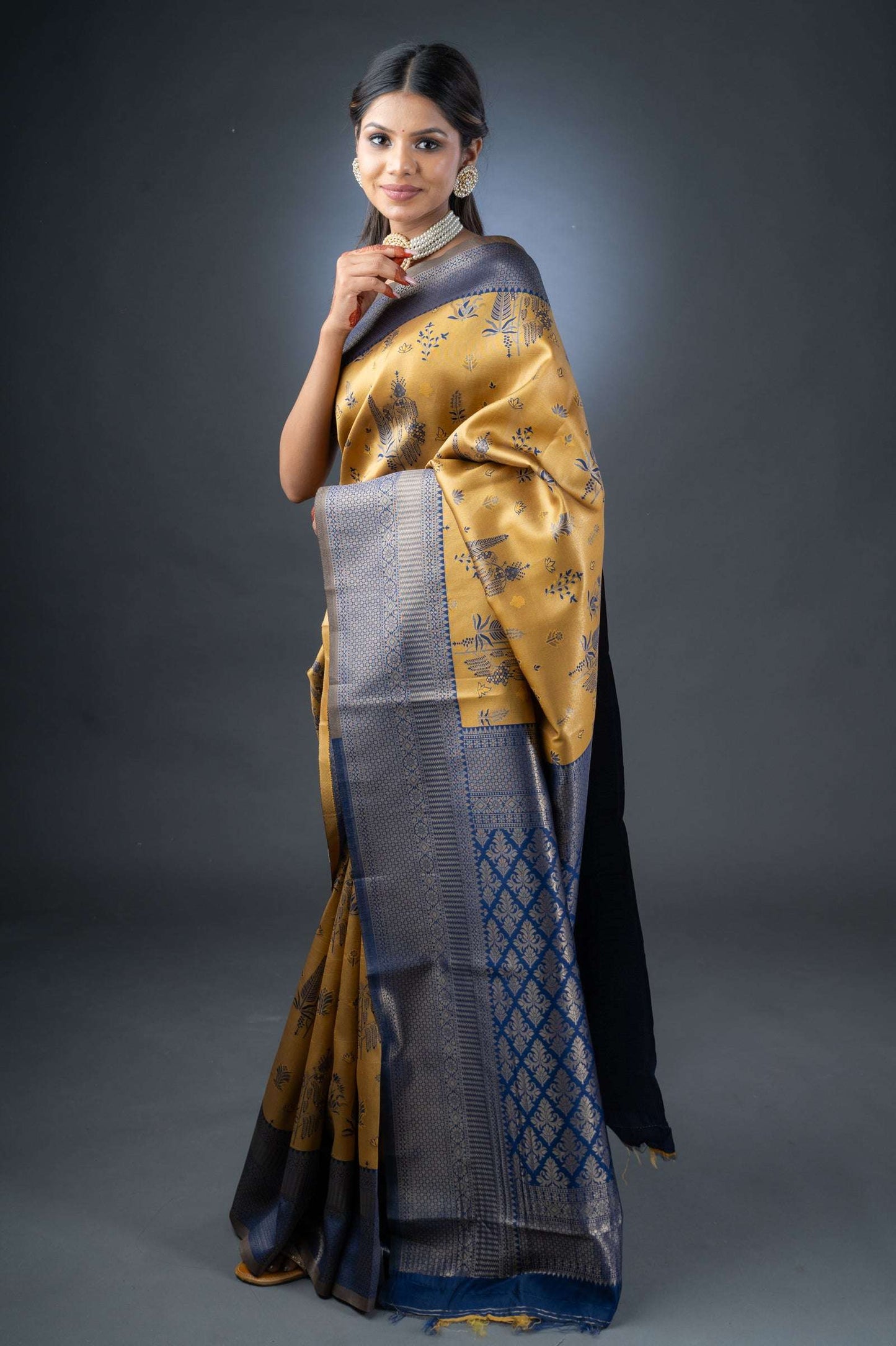 Royal Mustard and Blue Semi-Silk Saree