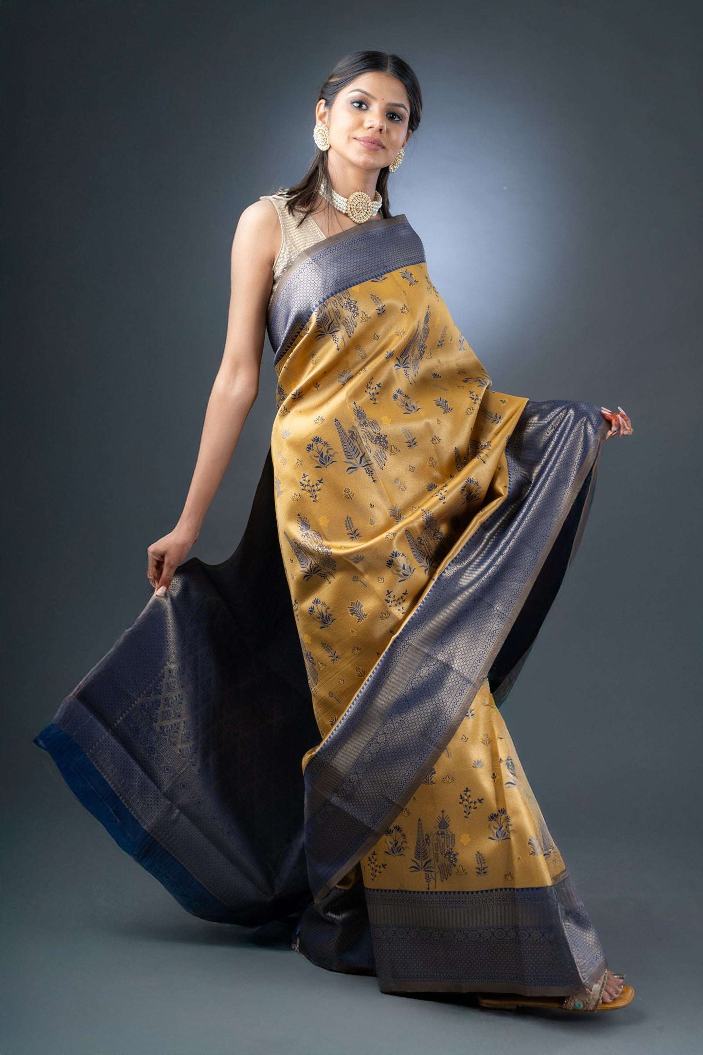 Royal Mustard and Blue Semi-Silk Saree