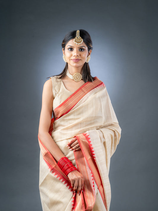 Beige Chanderi Cotton Tussar Saree