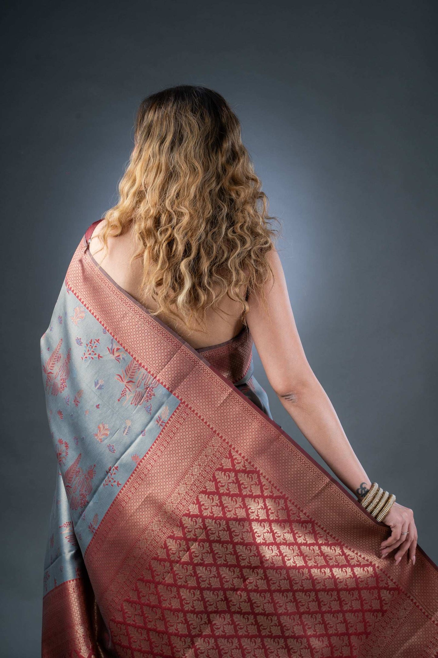 Opulent Grey and Maroon Semi-Silk Saree