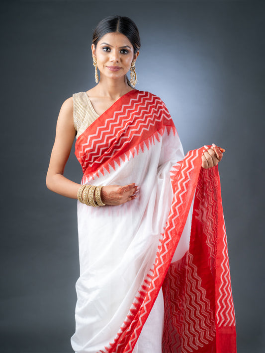 White and Red Chanderi Cotton Saree