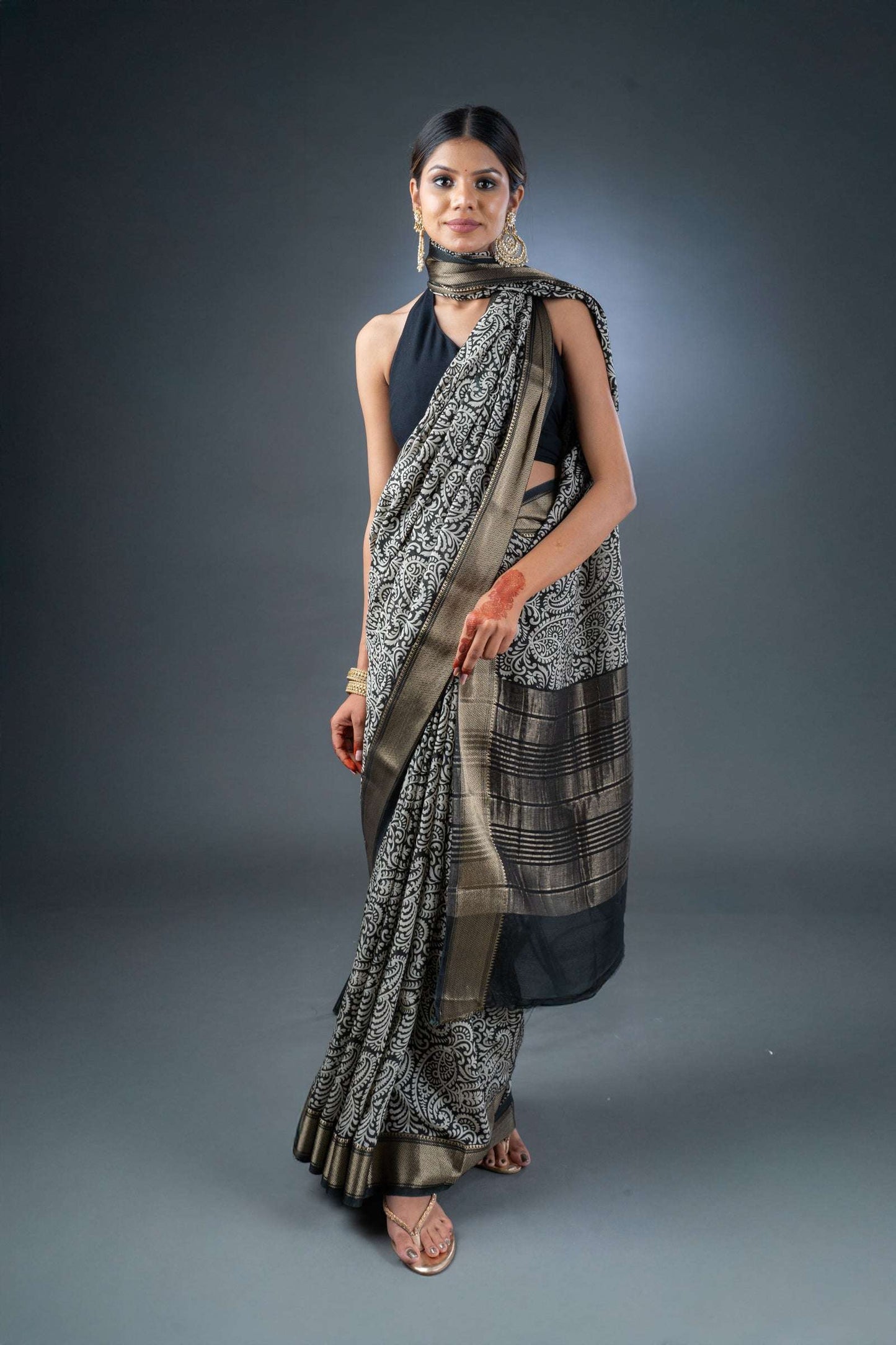 Elegant Black Block Print Assam Silk Saree