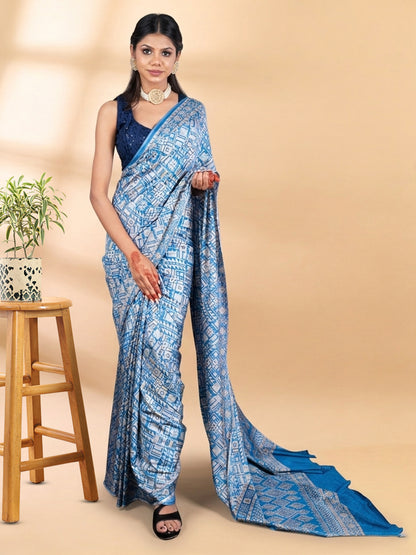 Blue Semi-Crepe Printed Saree