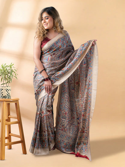 Beige and Red Matka Silk Saree