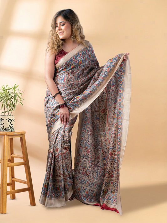 Beige and Red Matka Silk Saree