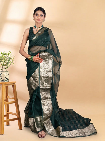 Dark Green Banarasi Organza Saree