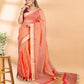 Peach Chanderi Cotton Saree with Check Design and Tissue Border