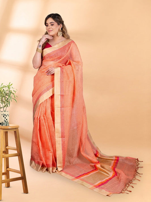 Peach Chanderi Cotton Saree with Check Design and Tissue Border