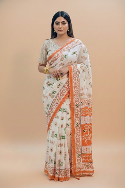 Ivory Orange Warli Print Mal Cotton Saree