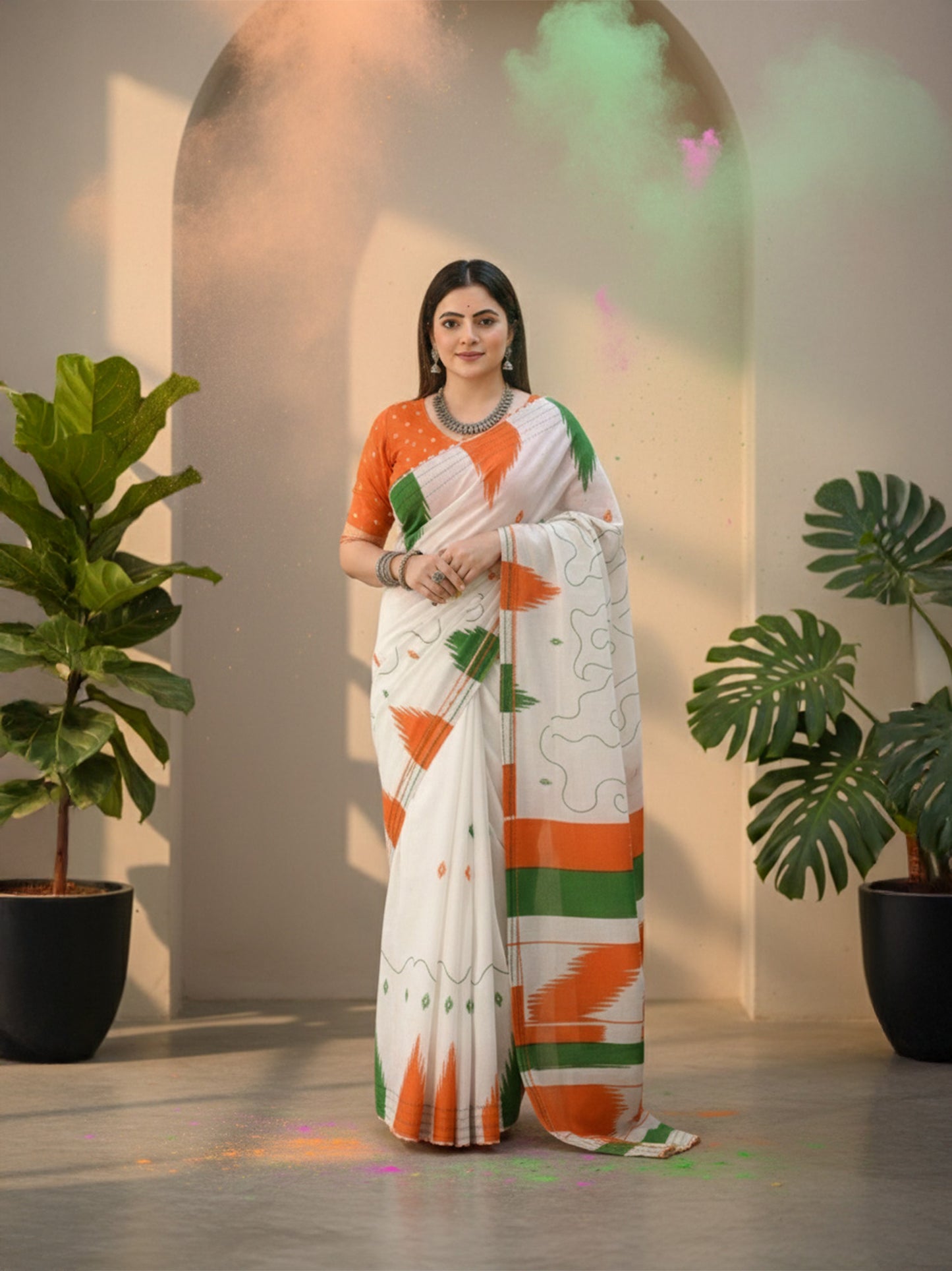 Ivory Green Mul Cotton Kantha Saree