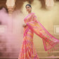 Pink Yellow Laheriya Cotton Linen Saree