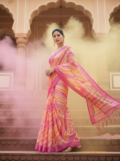 Pink Yellow Laheriya Cotton Linen Saree