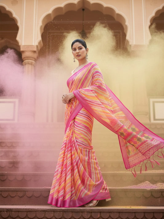 Pink Yellow Laheriya Cotton Linen Saree