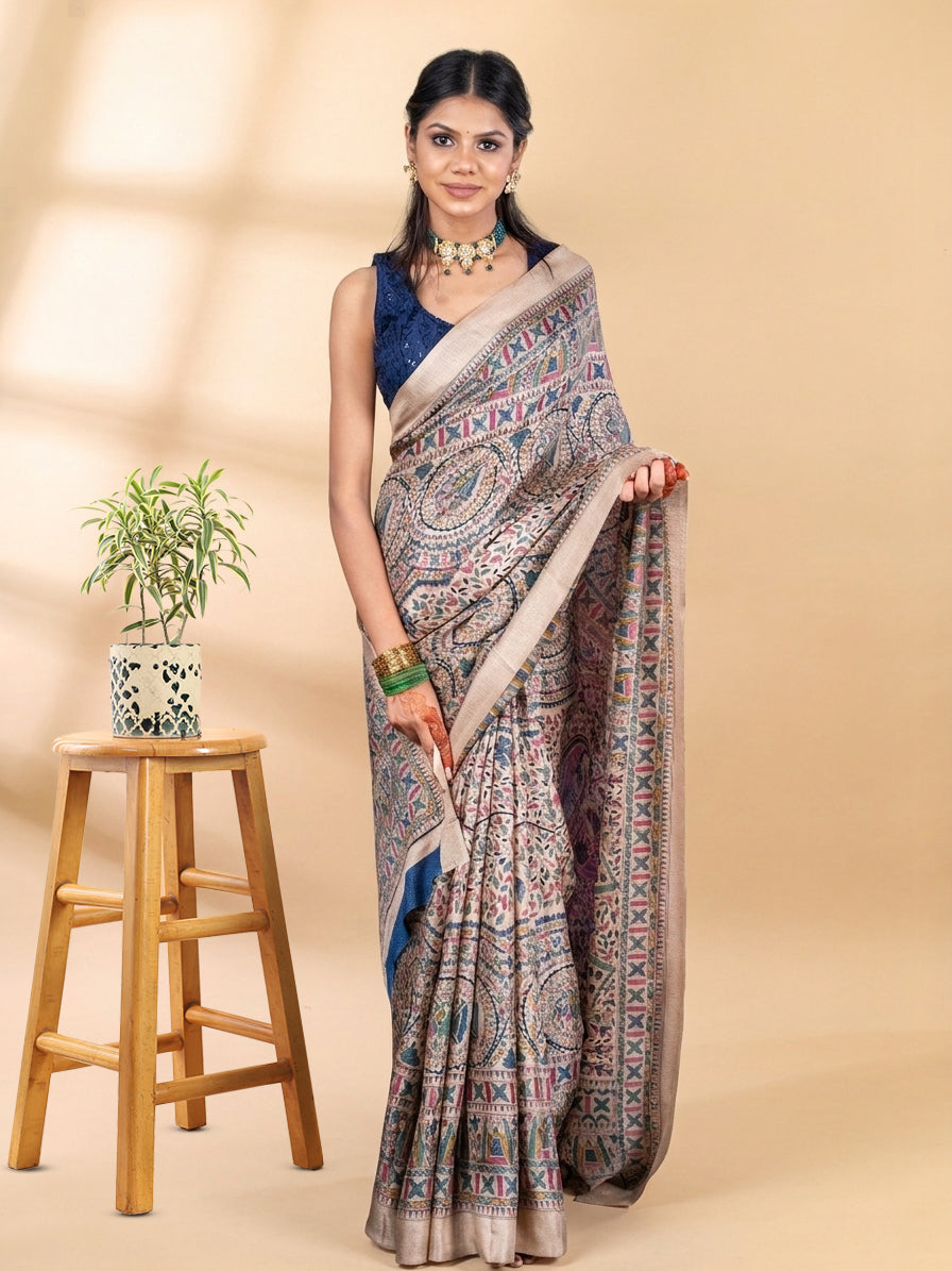 Beige & Blue Matka Silk Saree