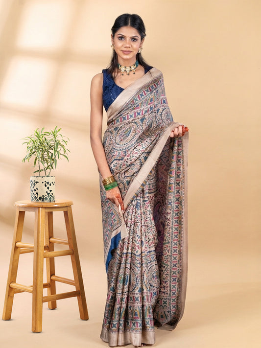 Beige & Blue Matka Silk Saree