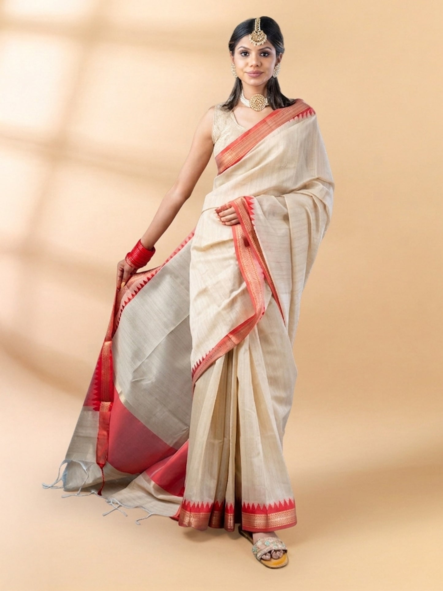 Beige Chanderi Cotton Tussar Saree