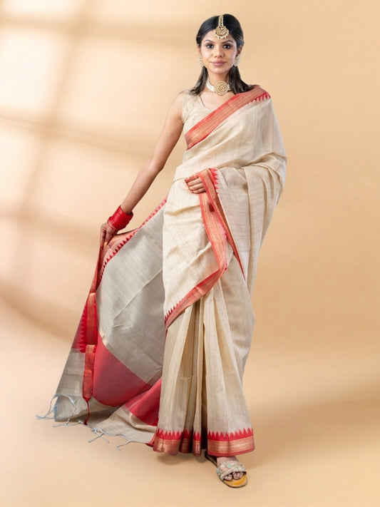 Beige Chanderi Cotton Tussar Saree