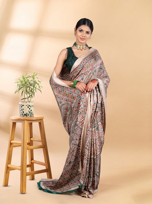 Green and Beige Matka Silk Madhubani Saree