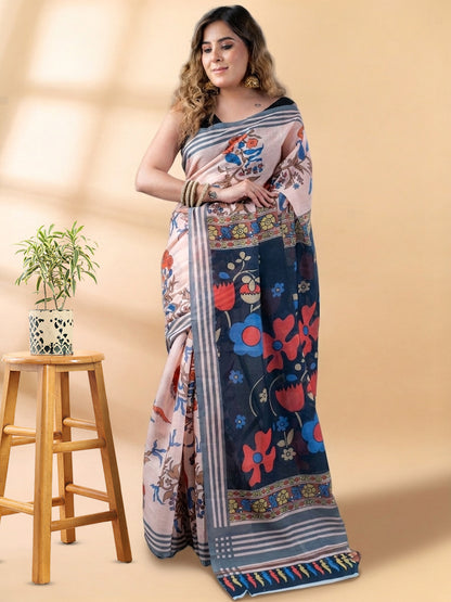 Peach Linen Cotton Printed Saree