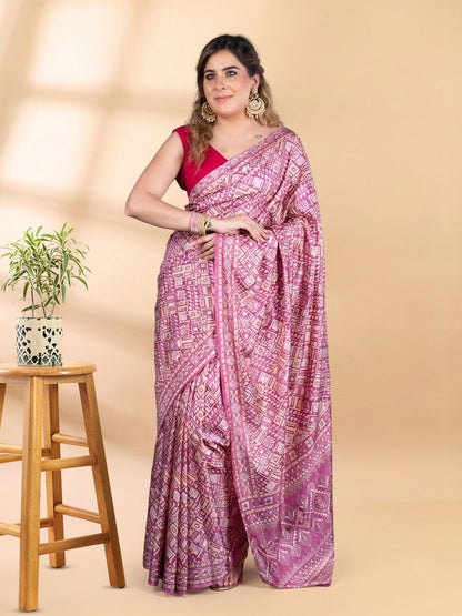 Onion Pink Semi-Crepe Printed Saree