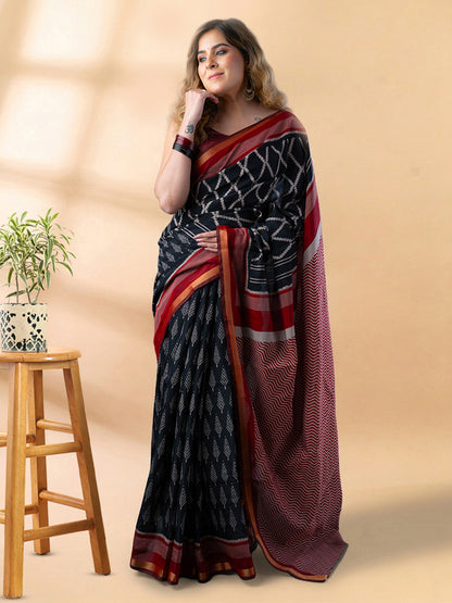 Black and Maroon Maheshwari Silk Saree
