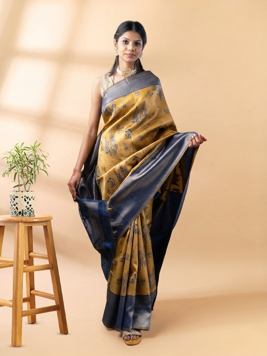Mustard and Blue Semi-Silk Saree