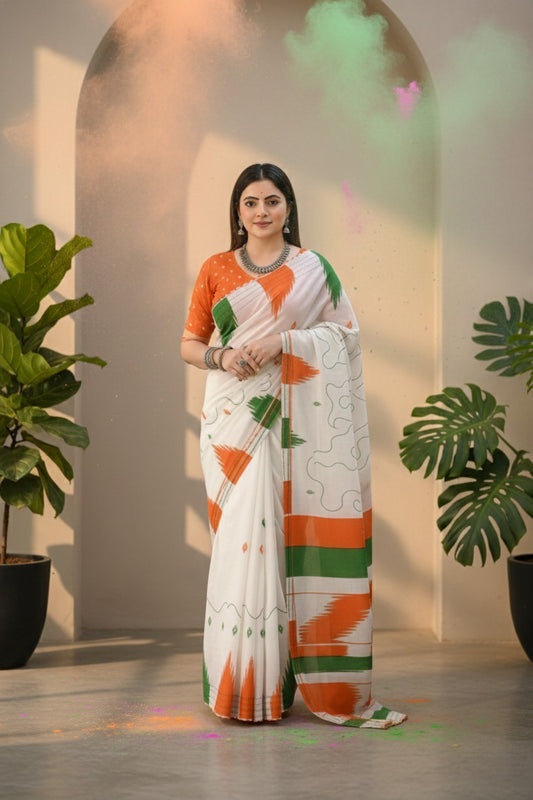 Ivory Orange Green Kantha Work Mal Cotton Saree