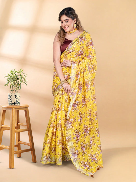 Mustard Yellow Linen Cotton Tissue Saree