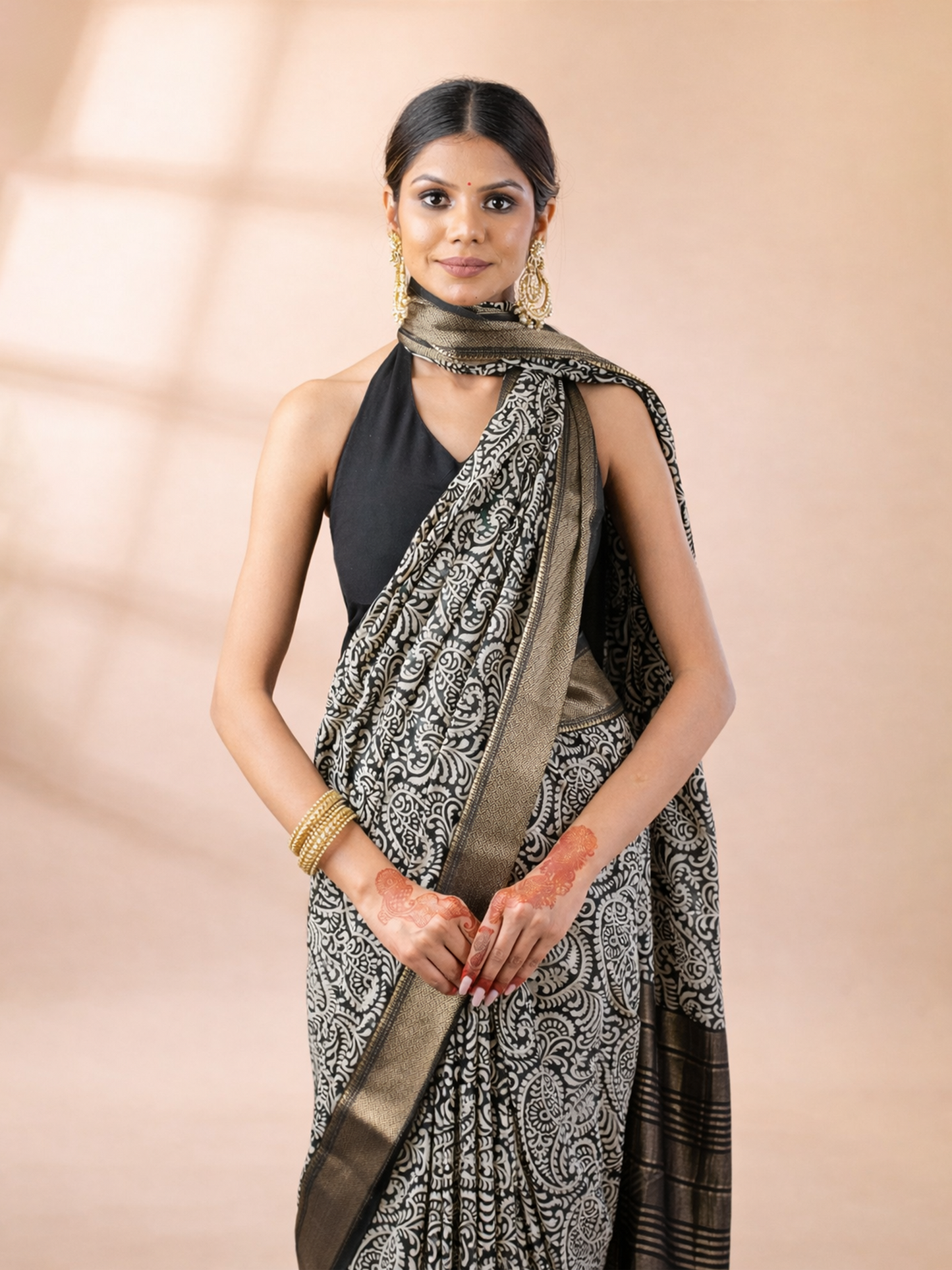 Black Block Print Assam Silk Saree