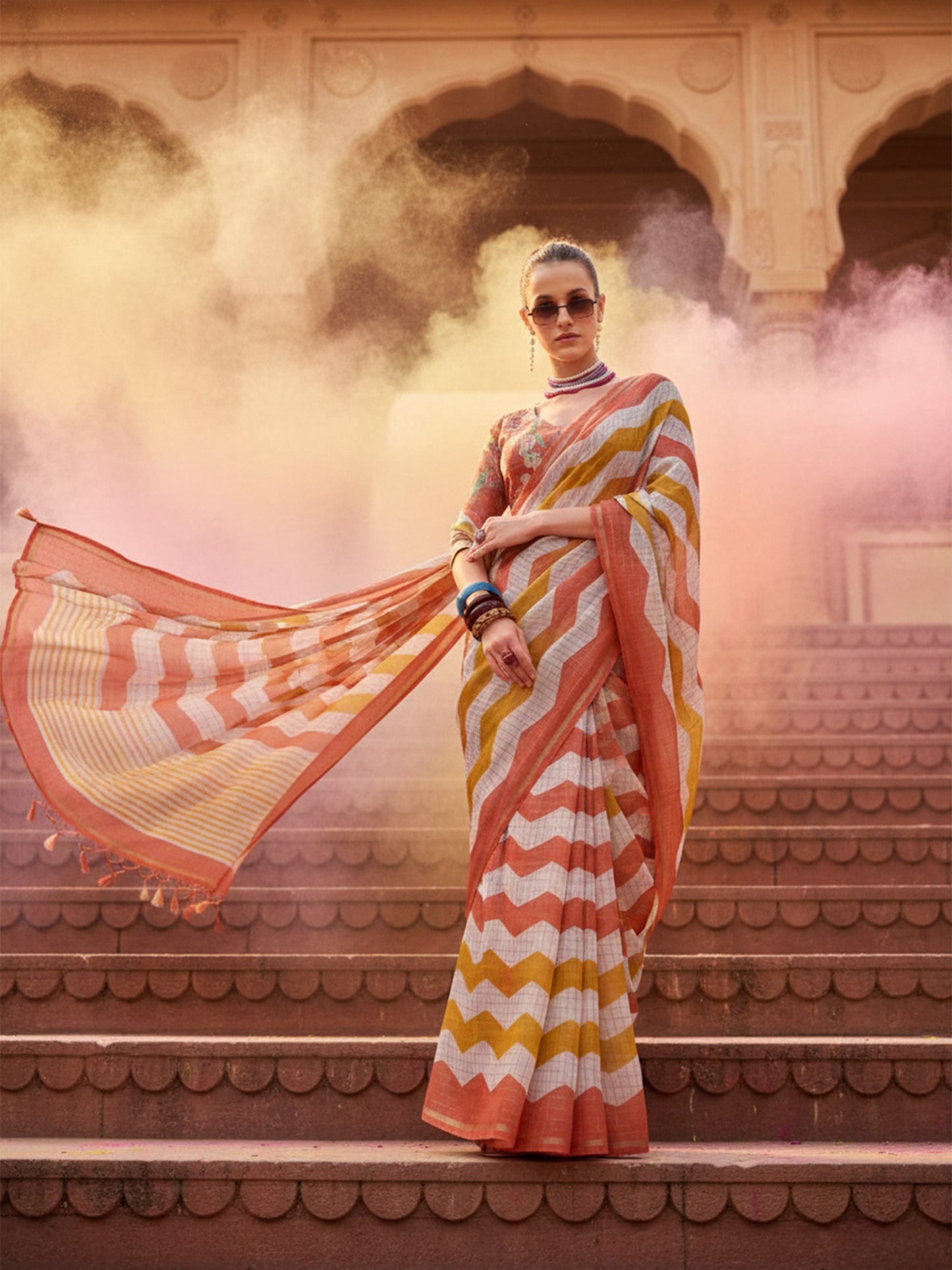 Peach & Mustard Cotton Linen Printed Saree