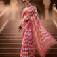 Pink Orange Zigzag Print Cotton Linen Saree with Check Pattern