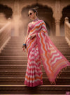 Pink & Orange Cotton Linen Printed Saree