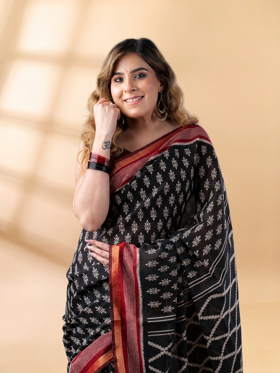 Black and Maroon Maheshwari Silk Saree