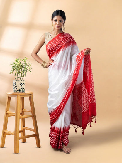 White and Red Chanderi Cotton Saree