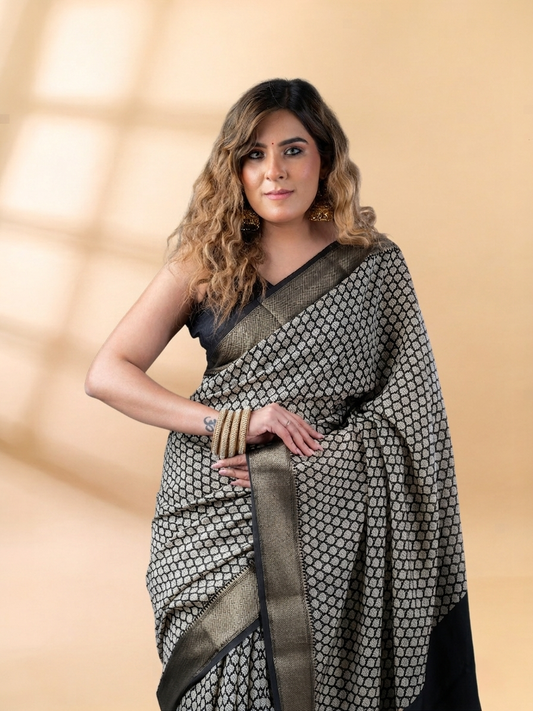 Black Block Print Assam Silk Saree