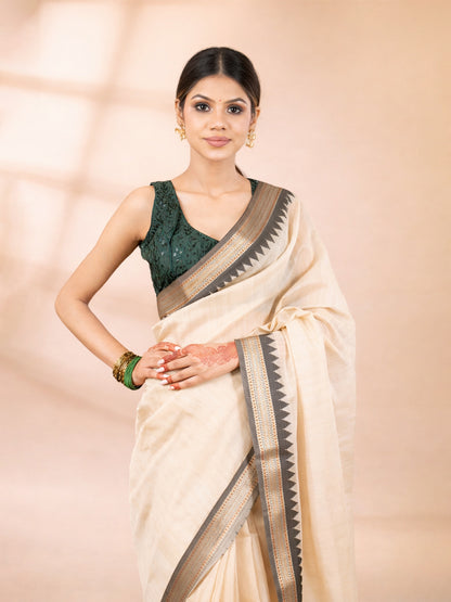 Beige and Black Chanderi Cotton Saree