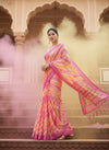 Pink Yellow Laheriya Cotton Linen Saree