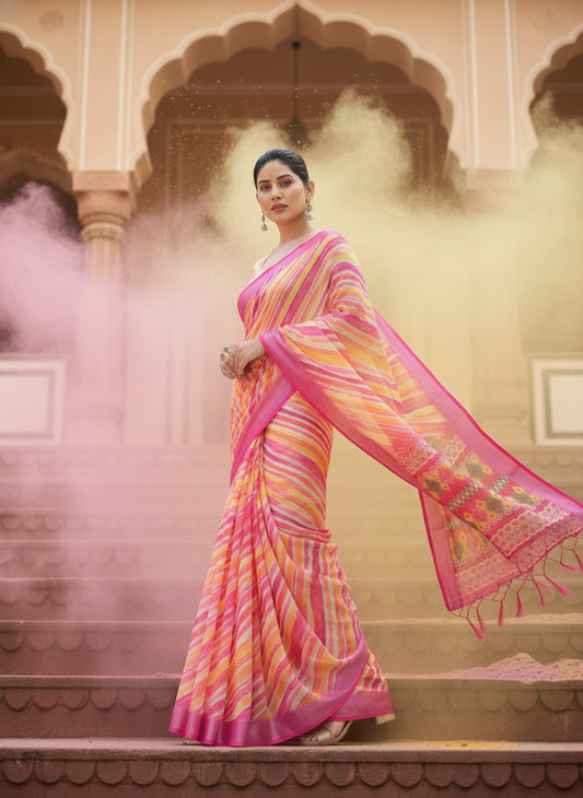 Pink Yellow Laheriya Cotton Linen Saree