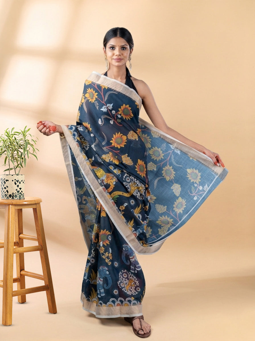 Black Linen Cotton Floral Printed Saree